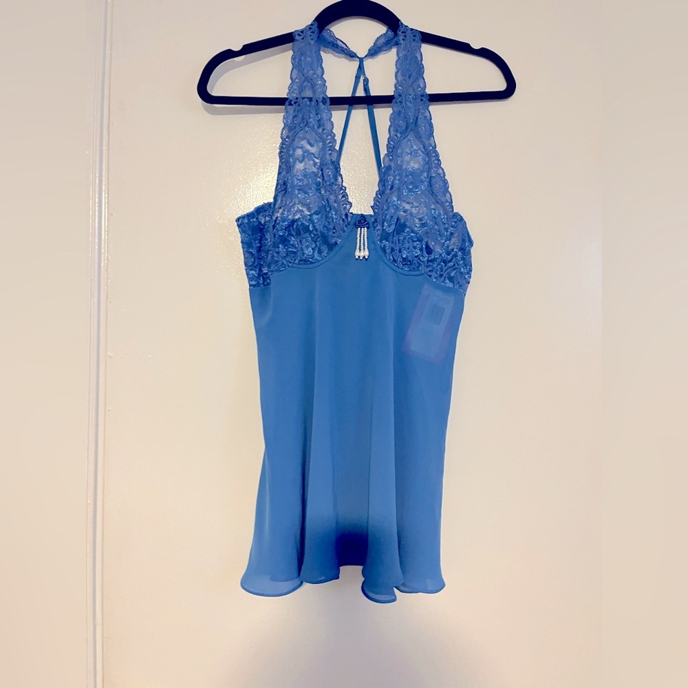 Vintage Blue Lace Halter Babydoll with Pearl Dangle Detail – NWT – Size L